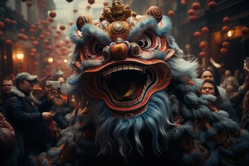 Fototapeta premium Lion Dance Parade, City Street, Festive Celebration, Lunar New Year.