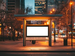Empty Bus Stop in Downtown Area at Dusk with Plain White Rectangular Billboard Surrounded by Urban Landscape