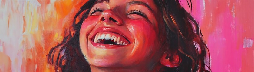 Close-up Portrait of a Woman with Long Dark Hair, Laughing and Tilting Her Head Upward