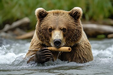 Obraz premium Majestic Brown Bear in River Water, Close-Up Portrait of a Wild Animal Holding a Stick