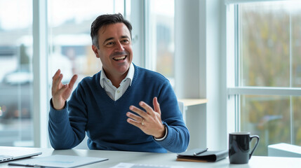 Smiling man in a blue sweater gesturing during a discussion at a bright office desk