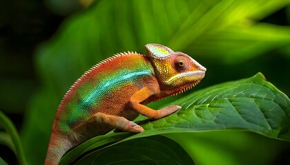 Fototapeta premium Colorful Chameleon on Green Tropical Leaf in Vibrant Rainforest