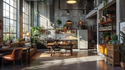 Naklejka premium Spacious industrial loft kitchen and living room, AI generated image