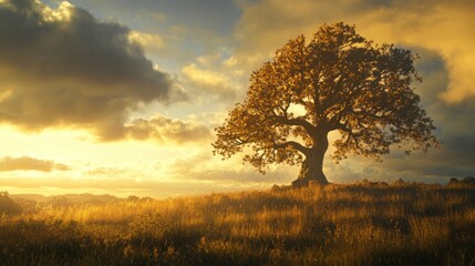 Fototapeta premium Golden Hour Solitude: A Majestic Oak Tree at Sunset