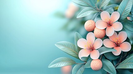 Obraz premium Pastel peach blossoms and lychee fruits on teal background.