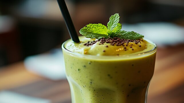 Refreshing Green Smoothie Garnished With Mint