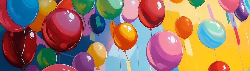 Colorful Balloons Floating Against a Yellow, Blue, and Pink Background