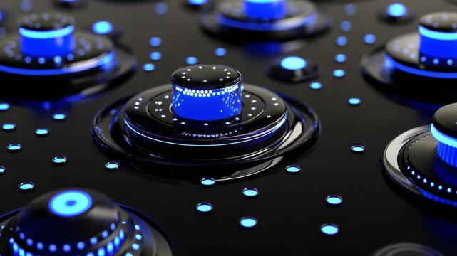 Dramatic close-up of illuminated electronic controls on a sleek surface in a modern setting