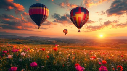 Sunset Hot Air Balloon Ride Over Colorful Flower Fields