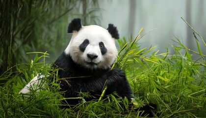 Obraz premium Close-Up of a Giant Panda Chewing Bamboo in Its Natural Habitat