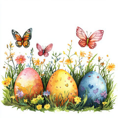 Watercolor Easter sticker featuring pastel Easter eggs surrounded by vibrant flowers and butterflies, set against a clean white background, capturing the essence of springtime beauty and joy