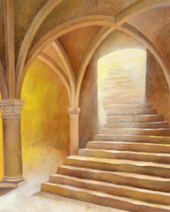 水彩絵の具で描いた光が射す宮殿の階段のイラストレーション