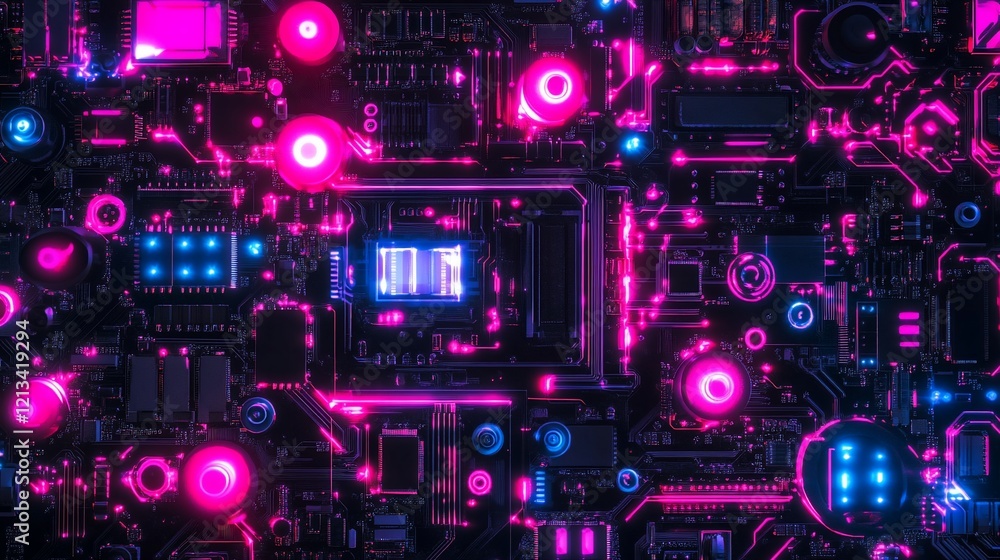 Poster abstract representation of a computer circuit board with vibrant pink and blue neon lights