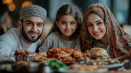 Happy Muslim family dining restaurant feast (1)