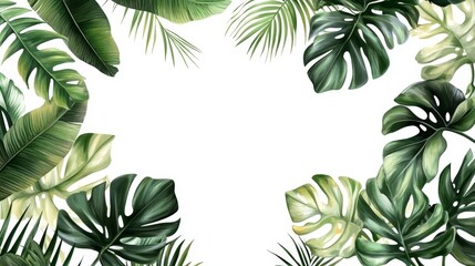 Tropical Monstera Leaf Frame; Digital Painting, Lush Greenery, White Background, Botanical Illustration, Palm Leaves Tropical Leaves, Botanical Art