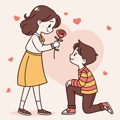 Valentine day girl and boy have a rose in hand