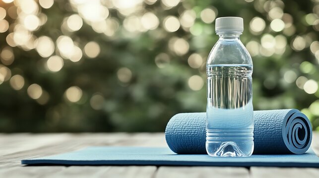 Water bottle and yoga mat ready for fitness