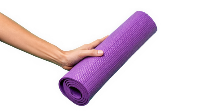A close-up of a hand holding a rolled purple yoga mat, showcasing its texture and vibrant color.