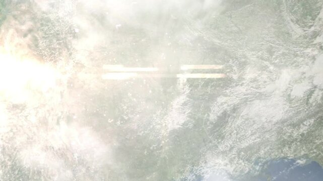 Earth zoom in from space and focus on Moore, Oklahoma, USA. Background for travel blog or intro. Satellite view. 3D style animation. Images from NASA.