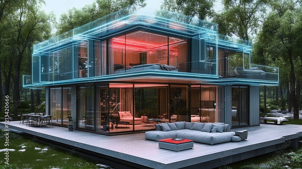 Poster Futuristic Smart Home with Innovative Architecture and Neon Lighting Design : Generative AI