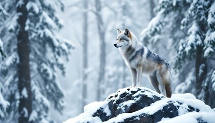 Fototapeta premium Majestic Wolf Standing on Snow-Covered Rock in Winter Forest