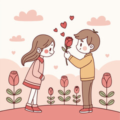 Valentine day girl and boy have a rose in hand