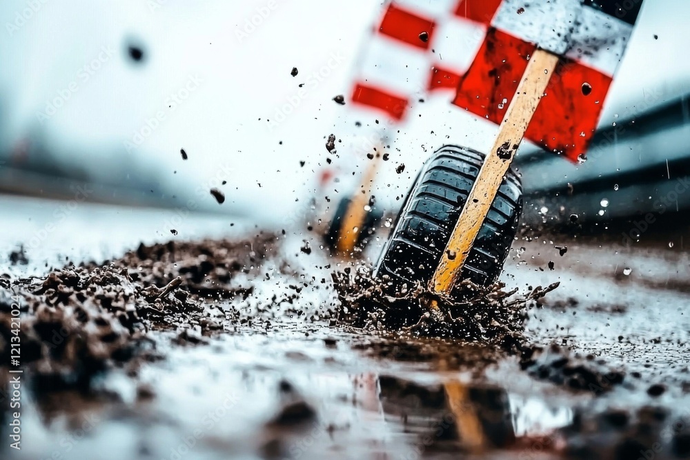 Poster tyre splashes through muddy track with colorful flags on a rainy day during a motorsport event