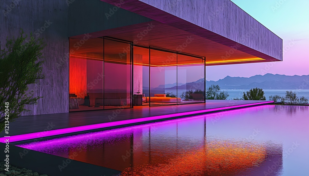 Poster Modern Luxury Home with Illuminated Glass Walls Overlooking Calm Infinity Pool at Dusk : Generative AI