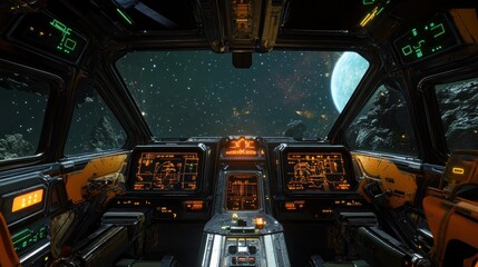 Spaceship Cockpit View of a Distant Planet and Nebula