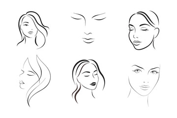 beauty women face line art vector design isolated on white background. set of minimalistic women face line art design.