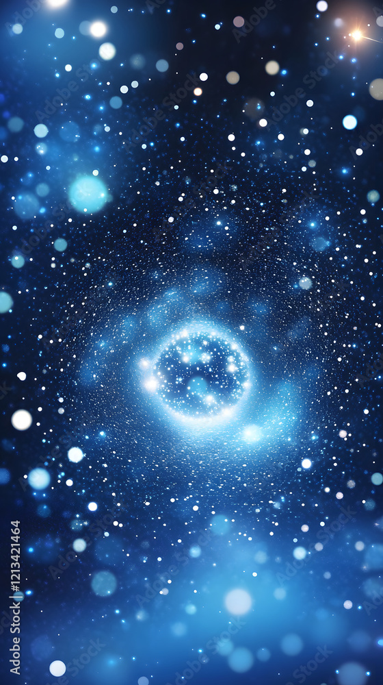 Poster blue particle field with luminous sphere