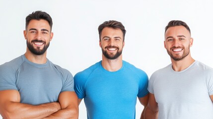 Smiling men with beards posing together in casual clothing indoors