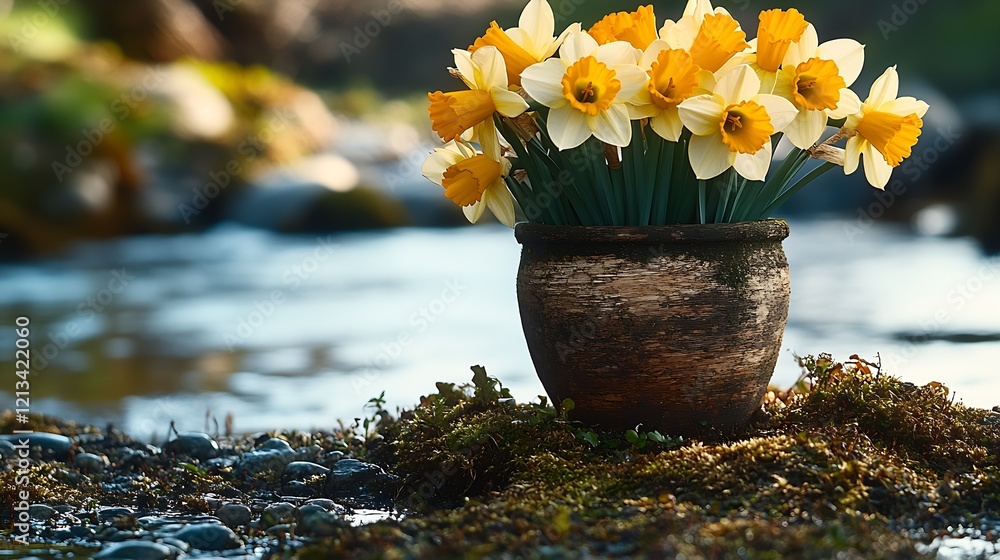 Poster Rustic Pot of Yellow Daffodils by a Tranquil Riverside in Spring : Generative AI