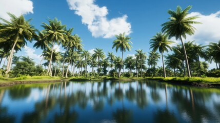 Obraz premium Serene Tropical Lagoon With Palm Trees Reflecting