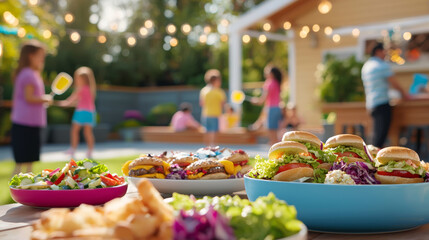 Colorful picnic spread with salads, sandwiches, and burgers in sunny garden. Friends enjoy joyful gathering with laughter and delicious food