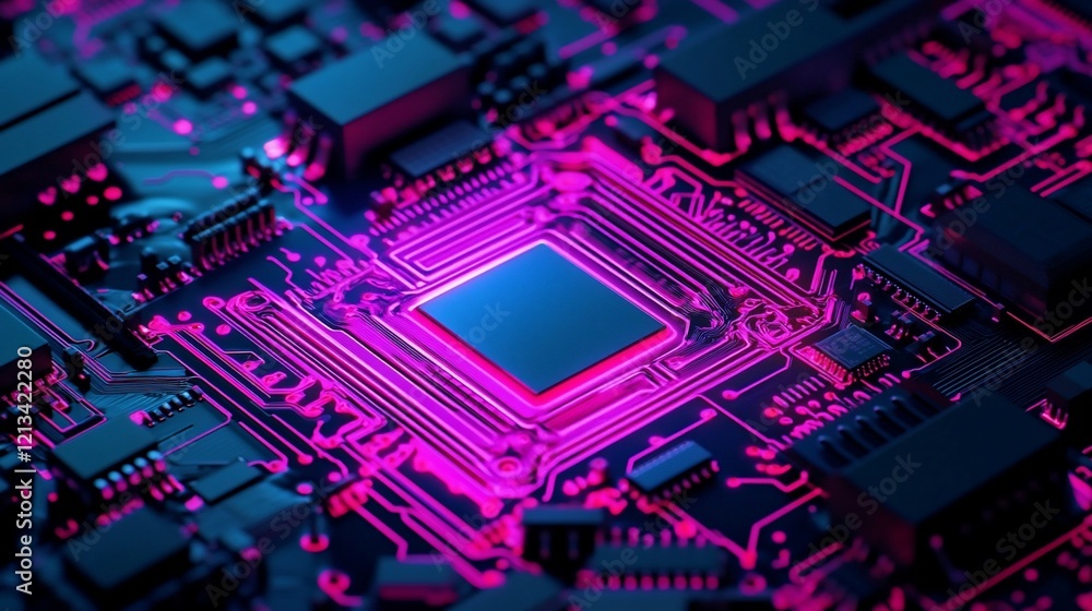 Poster close-up of illuminated electronic circuit board with visible components and pink glowing lines