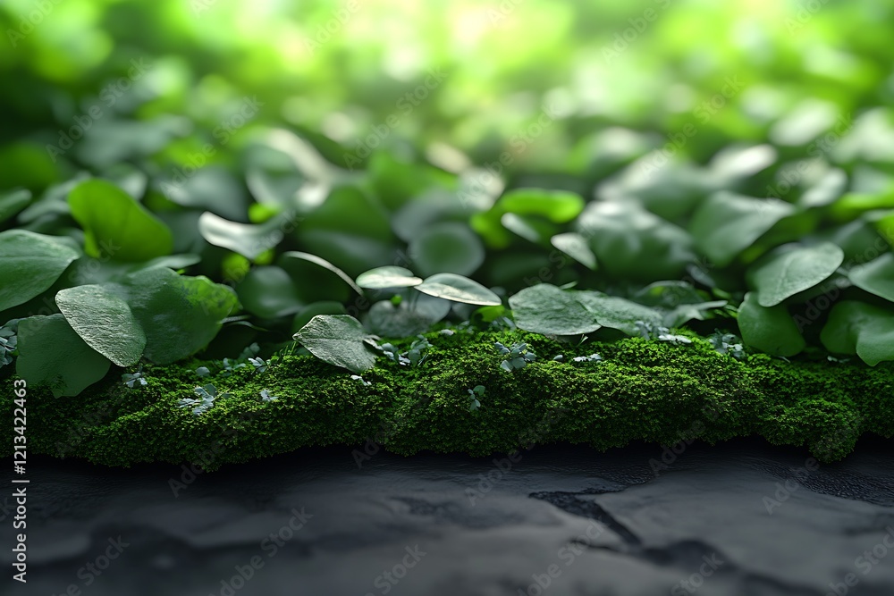 Poster lush greenery with vibrant moss and leaves glowing in soft sunlight : generative ai