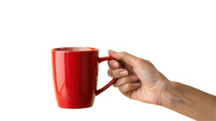A close-up of a hand holding a bright red coffee mug, symbolizing warmth and comfort.