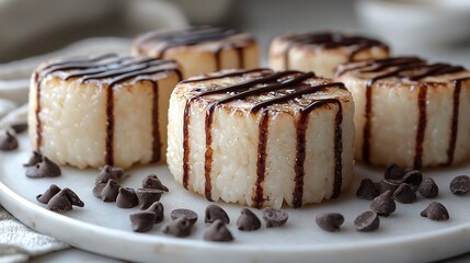 Sweet rice dessert, chocolate drizzle, close-up, food photography, recipe