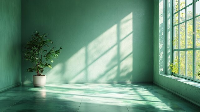 Sunlit green room, plant, window, calm interior, design inspiration
