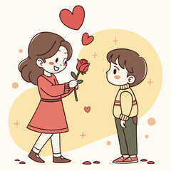 Valentine day girl and boy have a rose in hand