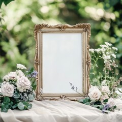 Frame mockup photo, ornate vintage frame, natural light