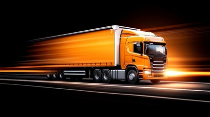 High-speed motion shot of an orange truck on a highway at night with dynamic light trails