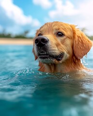 Joyful Golden Retriever Enjoying a Refreshing Swim in Clear Blue Waters : Generative AI