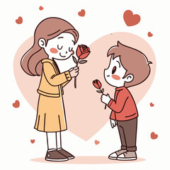 Valentine day girl and boy have a rose in hand