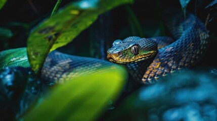 Fototapeta premium Borneo venomous snake in tropical forest, AI generated image