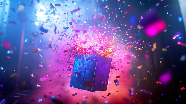 Vibrant Jack-in-the-Box opening with confetti exploding in all directions