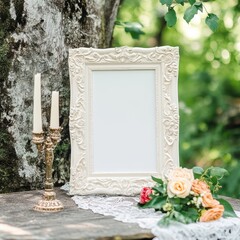 Frame mockup photo, ornate vintage frame, natural light