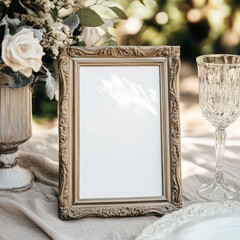 Frame mockup photo, ornate vintage frame, natural light