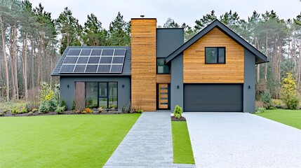 Fototapeta premium Contemporary House with Solar Panels Surrounded by Lush Greenery and Blue Skies : Generative AI